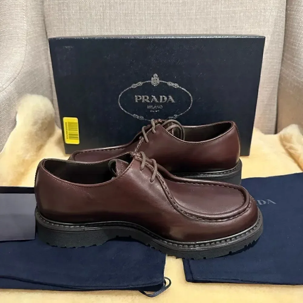 Prada Men’s brushed leathers lace up brown loafers Sz US 6, EU38,5-39, NIB